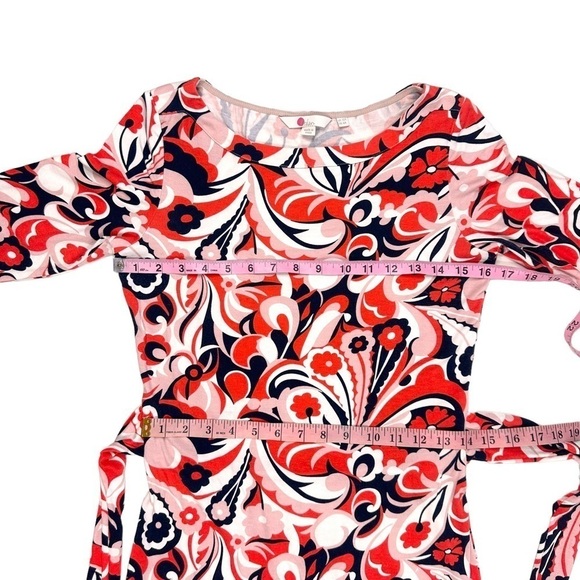 Boden mini dress tunic t-shirt dress navy blue orangey-red pink print tie belt 6 - Picture 12 of 16